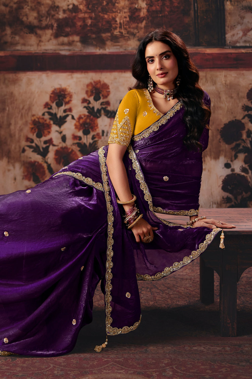 Deep Royal Purple Fendy Satin Saree with Heavy Gold Border