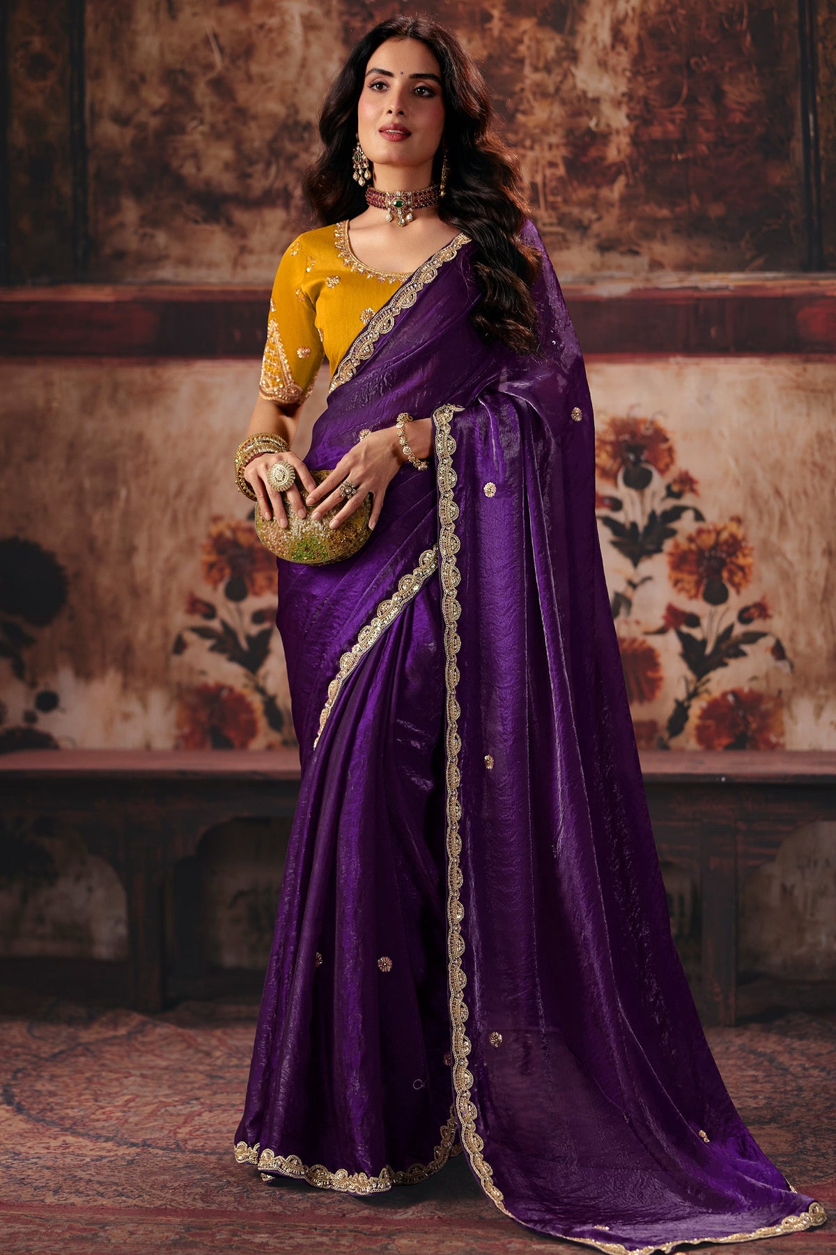 Deep Royal Purple Fendy Satin Saree with Heavy Gold Border
