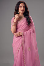 Soft Pastel Pink Organza Saree with Delicate Zari Border