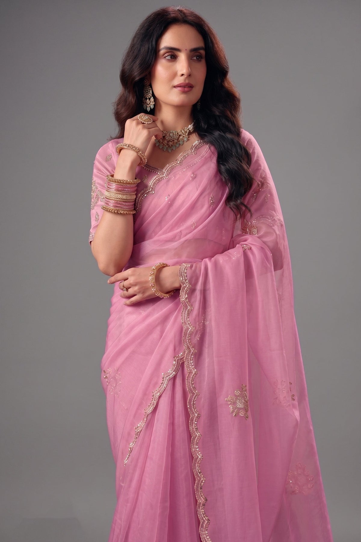 Soft Pastel Pink Organza Saree with Delicate Zari Border