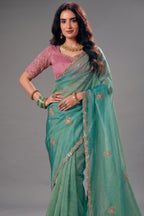 Pastel Mint Green Organza Saree with Delicate Embroidered Border