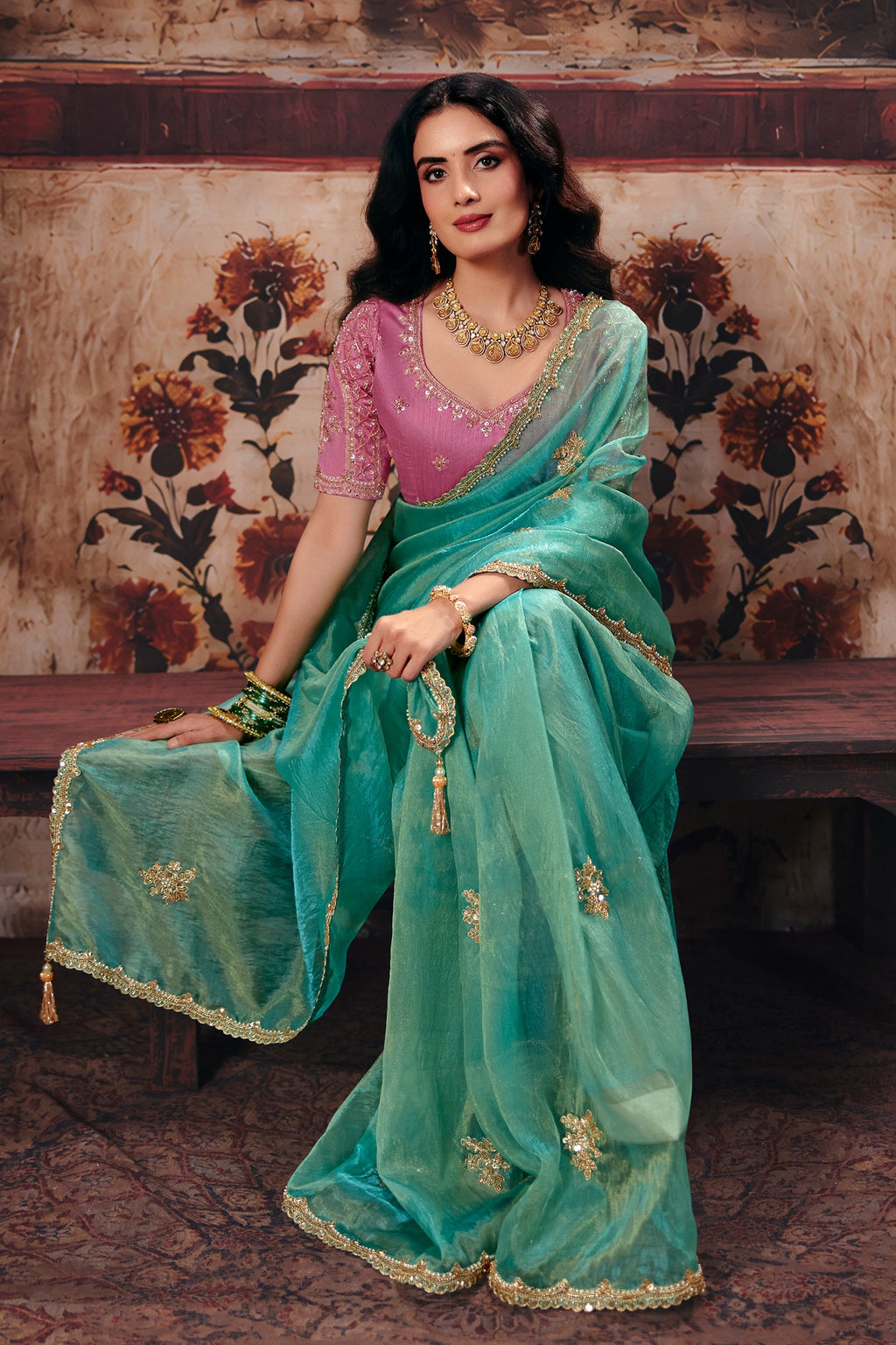Pastel Mint Green Organza Saree with Delicate Embroidered Border