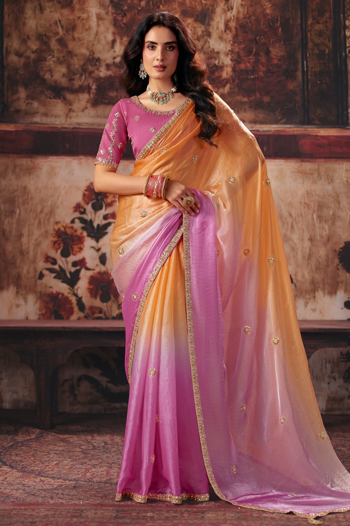 Dual-Tone Orchid Lavender Fendy Satin Saree with Embroidered Border