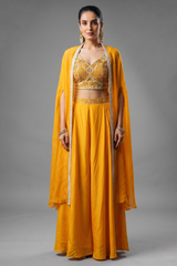 Yellow Net Sequin Cutdana Worked Crop Top Palazzo with Jacket