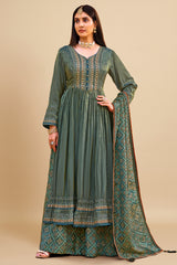 Green Chinon Shimmer Straight Cut Sequin Embroidered Palazzo Suit