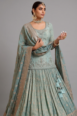 Tiffany Blue Tissue Silk Designer Mirror and Bead Worked Lehenga Suit