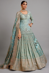 Tiffany Blue Tissue Silk Designer Mirror and Bead Worked Lehenga Suit