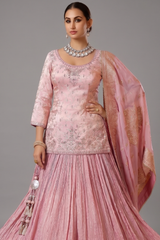 Cameo Pink Tissue Zari Woven and Mirror Worked Lehenga Suit