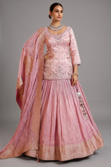 Cameo Pink Tissue Zari Woven and Mirror Worked Lehenga Suit