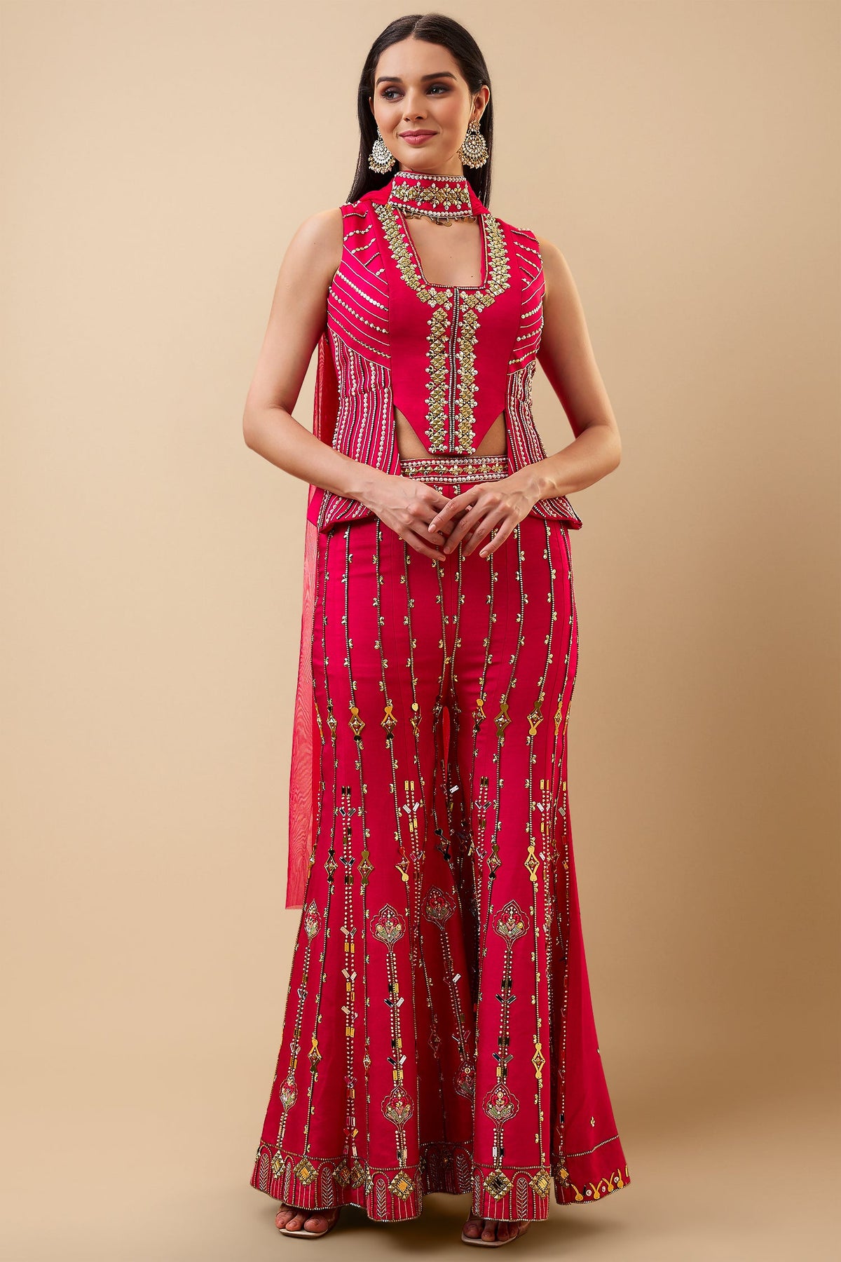 Pink Dola Silk Metalic Worked Asymmetric Crop Top Palazzo Set