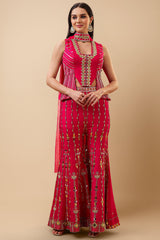 Pink Dola Silk Metalic Worked Asymmetric Crop Top Palazzo Set