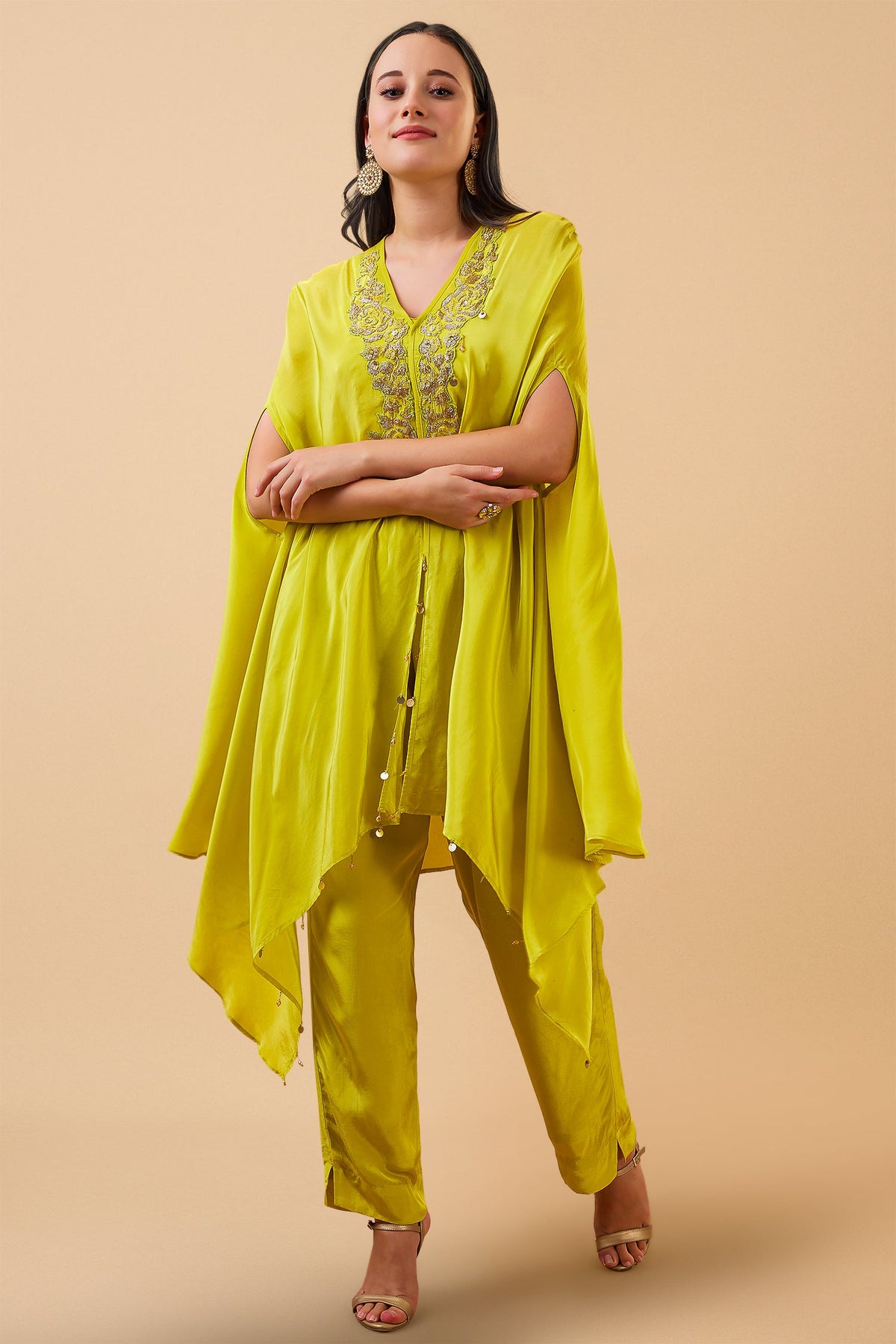 Lime Green Crepe Silk Sequin Beaded Embellishment Slit Cut Co-Ord Set