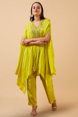 Lime Green Crepe Silk Sequin Beaded Embellishment Slit Cut Co-Ord Set