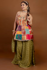 Multi Colored Silk Patch and Lace Worked Peplum Palazzo Set