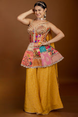 Multi Colored Silk Patch and Lace Worked Peplum Palazzo Set