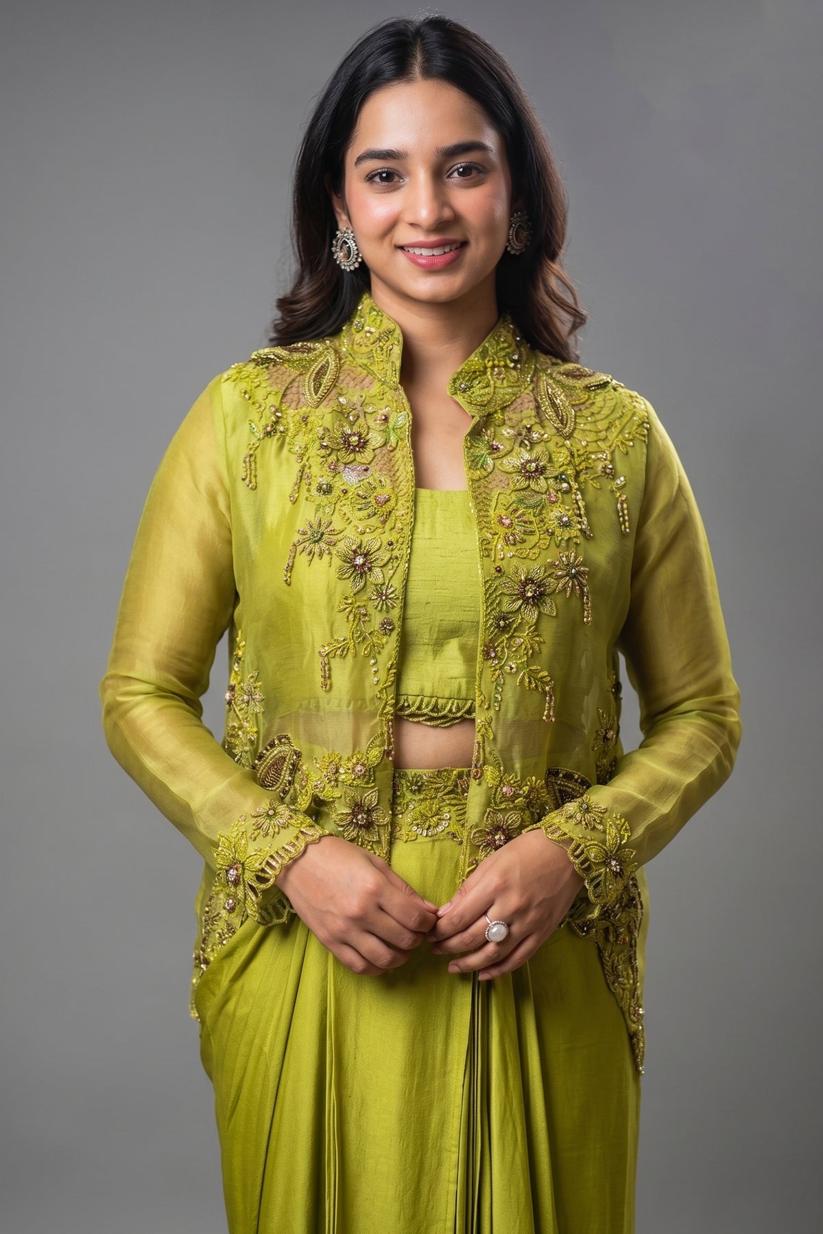 Olive Green Raw Silk Designer Heavy Worked Crop Top Jacket with Pleated Dhoti Skirt