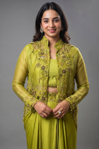 Olive Green Raw Silk Designer Heavy Worked Crop Top Jacket with Pleated Dhoti Skirt