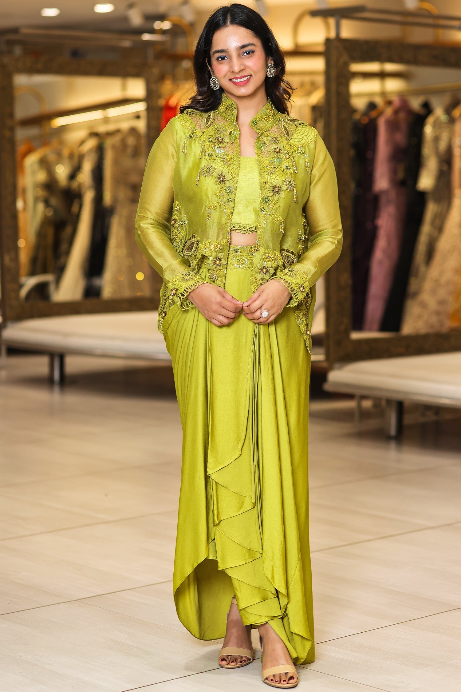 Olive Green Raw Silk Designer Heavy Worked Crop Top Jacket with Pleated Dhoti Skirt 40 Olive Green Raw Silk Designer Heavy Worked Crop Top Jacket with Pleated Dhoti Skirt 40