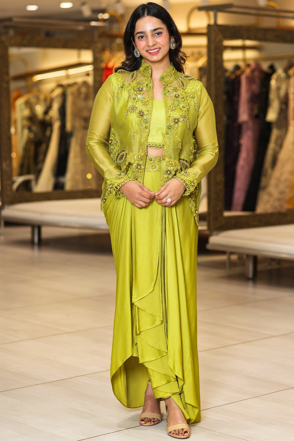 Olive Green Raw Silk Designer Heavy Worked Crop Top Jacket with Pleated Dhoti Skirt