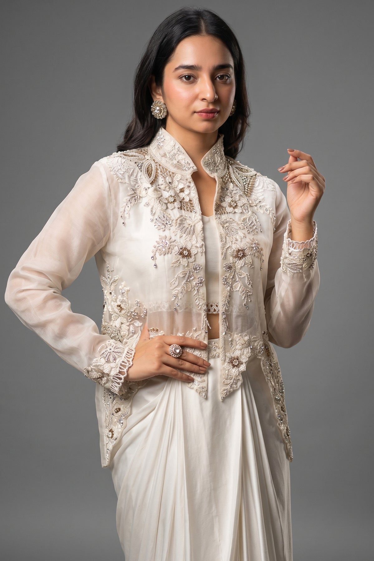 White Raw Silk Designer Heavy Worked Crop Top Jacket with Pleated Dhoti Skirt