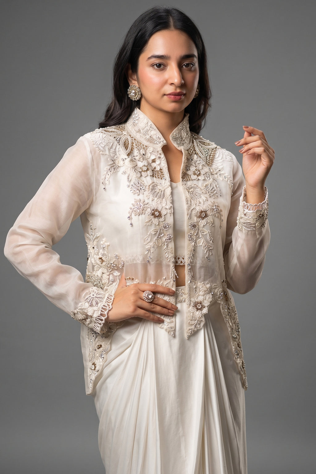 White Raw Silk Designer Heavy Worked Crop Top Jacket with Pleated Dhoti Skirt