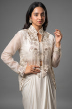 White Raw Silk Designer Heavy Worked Crop Top Jacket with Pleated Dhoti Skirt