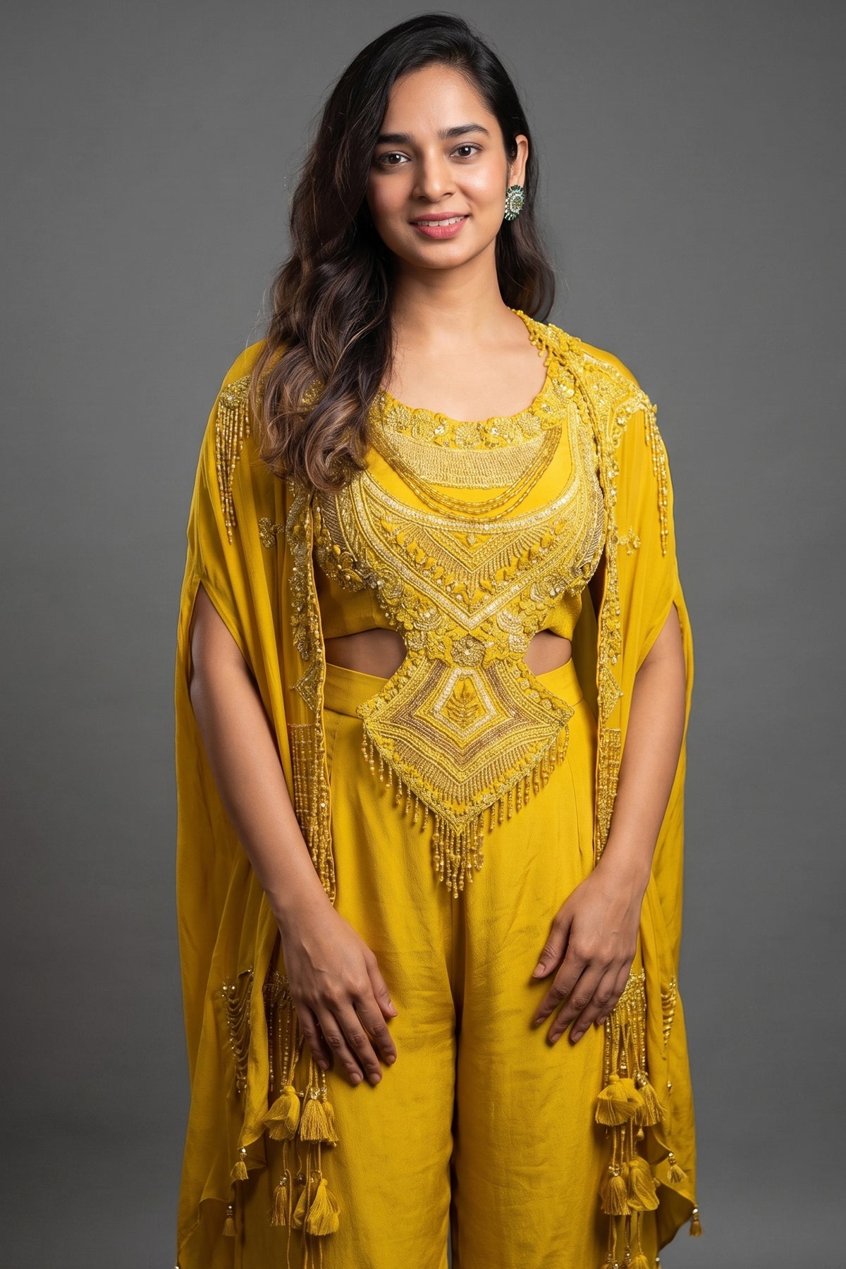 Yellow Raw Silk Designer Heavy Worked Crop Top Palazzo with Jacket