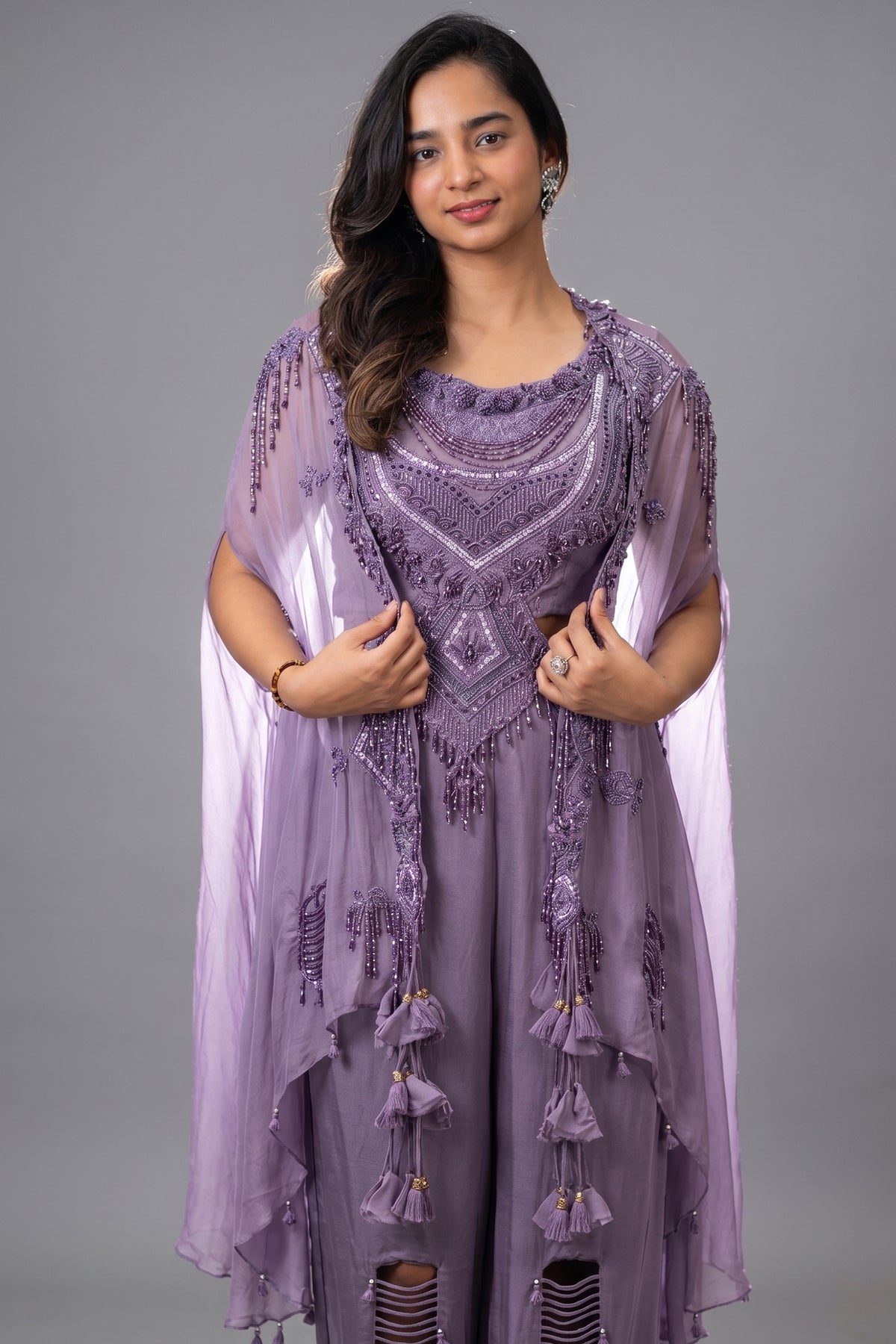 Purple Raw Silk Designer Heavy Worked Crop Top Palazzo with Jacket