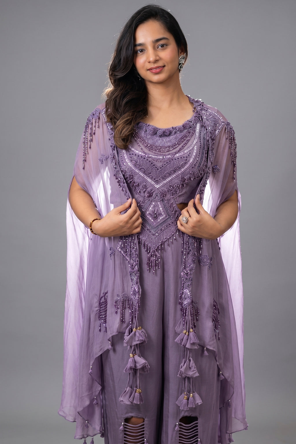 Purple Raw Silk Designer Heavy Worked Crop Top Palazzo with Jacket