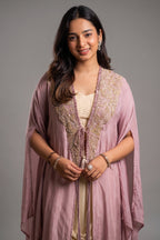 Ivory Beige Crepe Designer Heavy Worked Crop Top Jacket with Dhoti Skirt