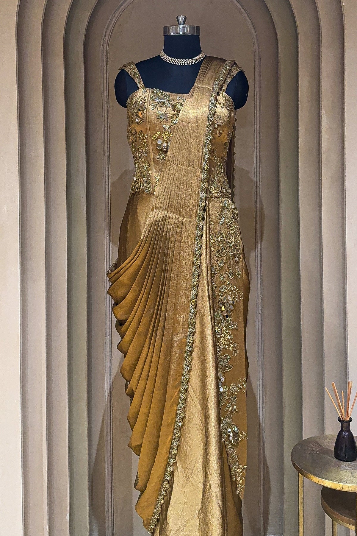 Golden Silk Embroidered Draped Saree Dress