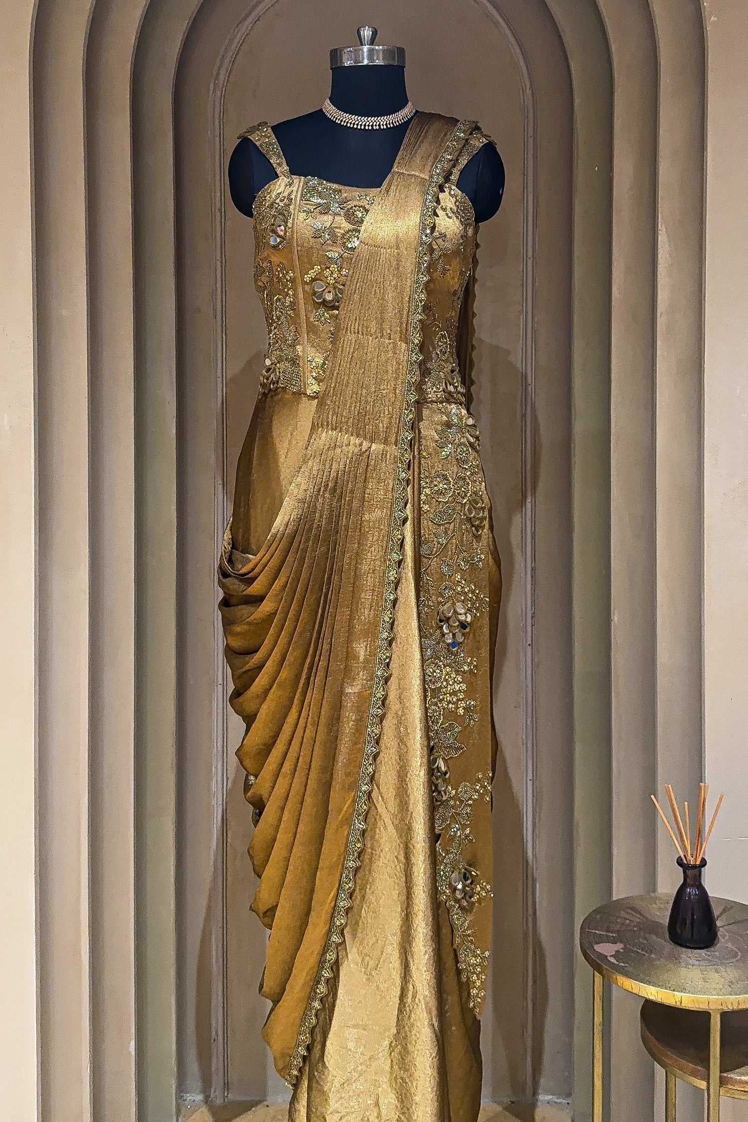 Golden Silk Embroidered Draped Saree Dress