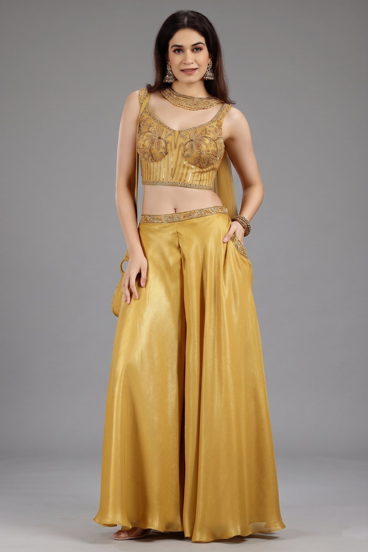 Yellow Crepe Silk Sequin Beaded Corset with Palazzo and Dupatta