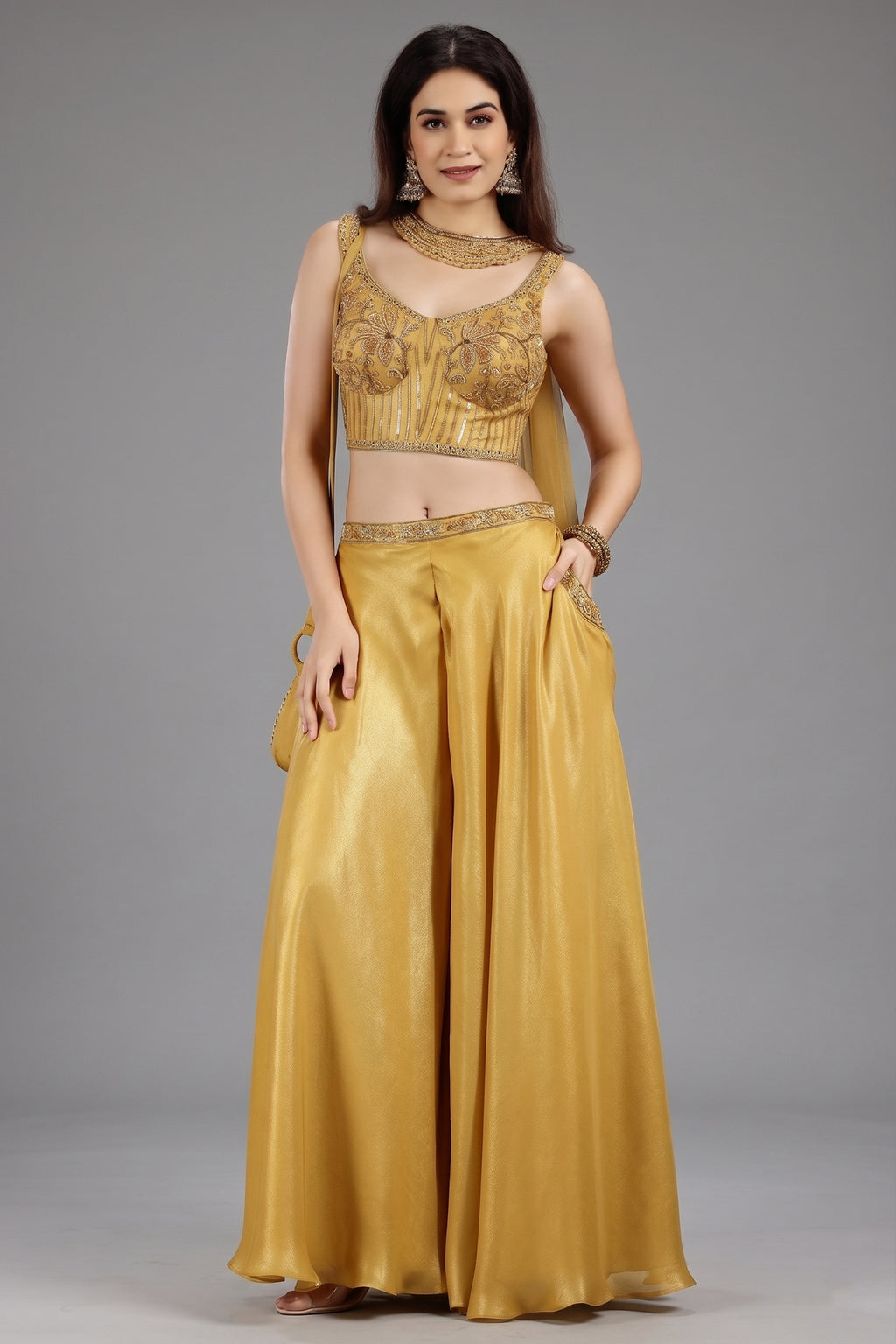 Yellow Crepe Silk Sequin Beaded Corset with Palazzo and Dupatta