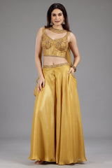 Yellow Crepe Silk Sequin Beaded Corset with Palazzo and Dupatta