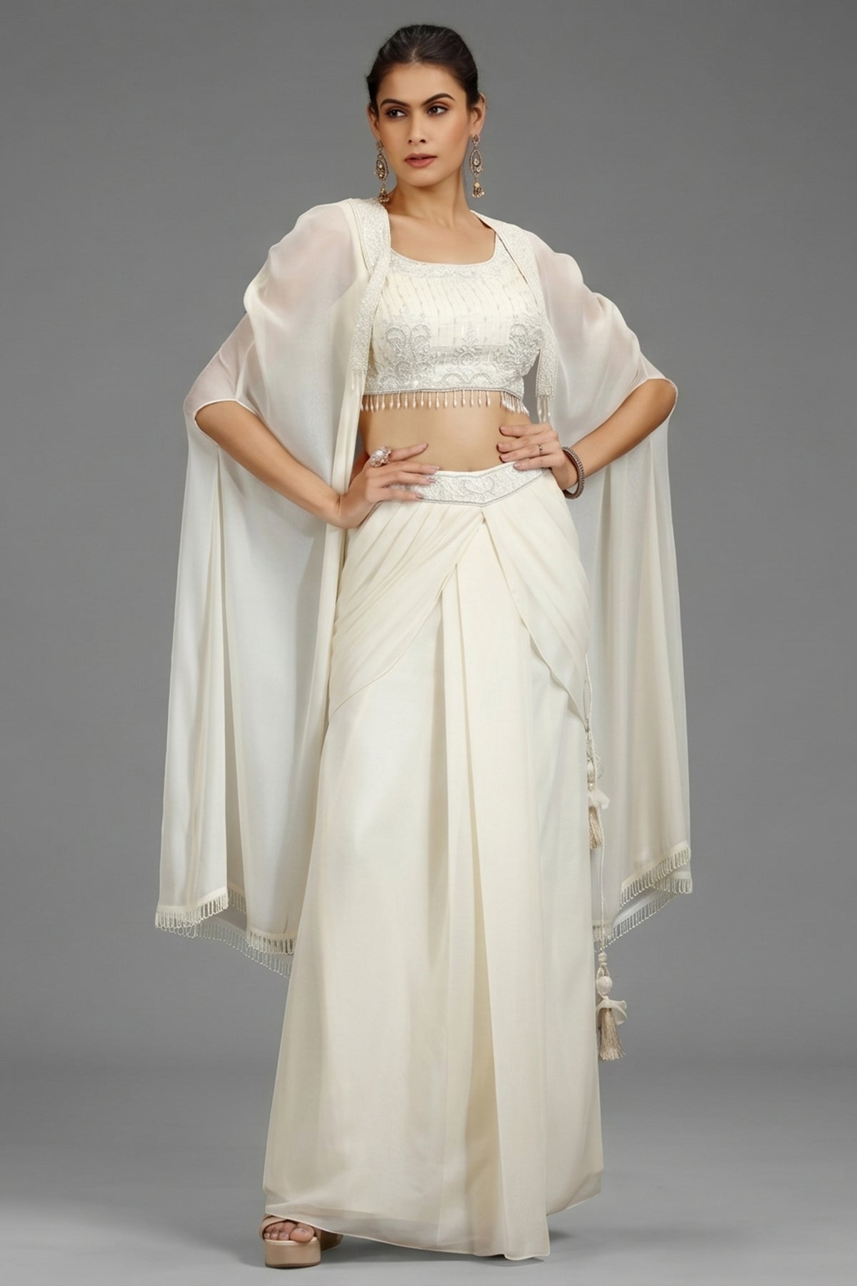 Pearl White Georgette Embellished Crop Top with Draped Skirt with Jacket