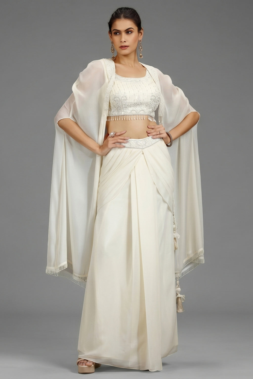 Pearl White Georgette Embellished Crop Top with Draped Skirt with Jacket