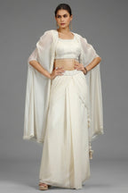 Pearl White Georgette Embellished Crop Top with Draped Skirt with Jacket