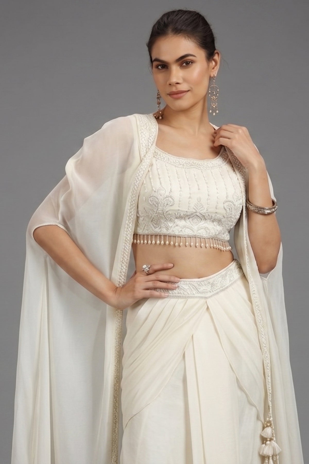 Pearl White Georgette Embellished Crop Top with Draped Skirt with Jacket