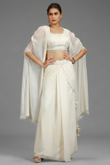 Pearl White Georgette Embellished Crop Top with Draped Skirt with Jacket