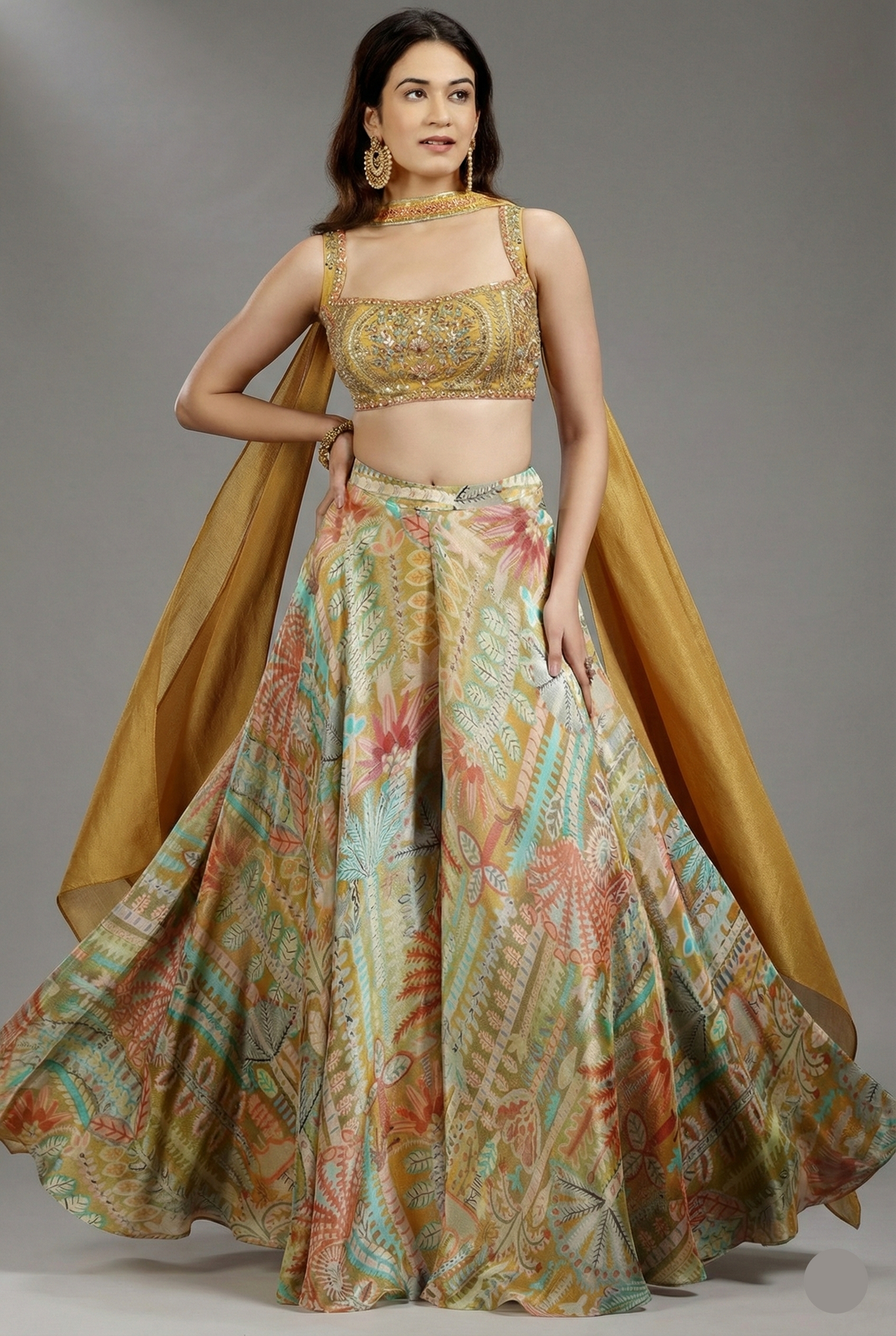 Yellow Crepe Silk Mirror Beaded Crop Top Palazzo Set