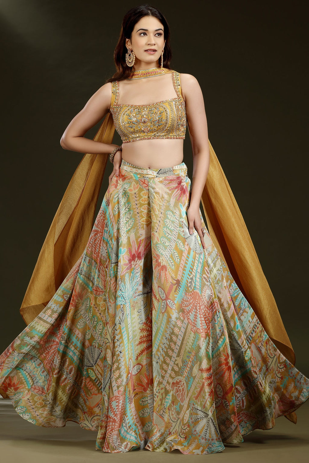 Yellow Crepe Silk Mirror Beaded Crop Top Palazzo Set