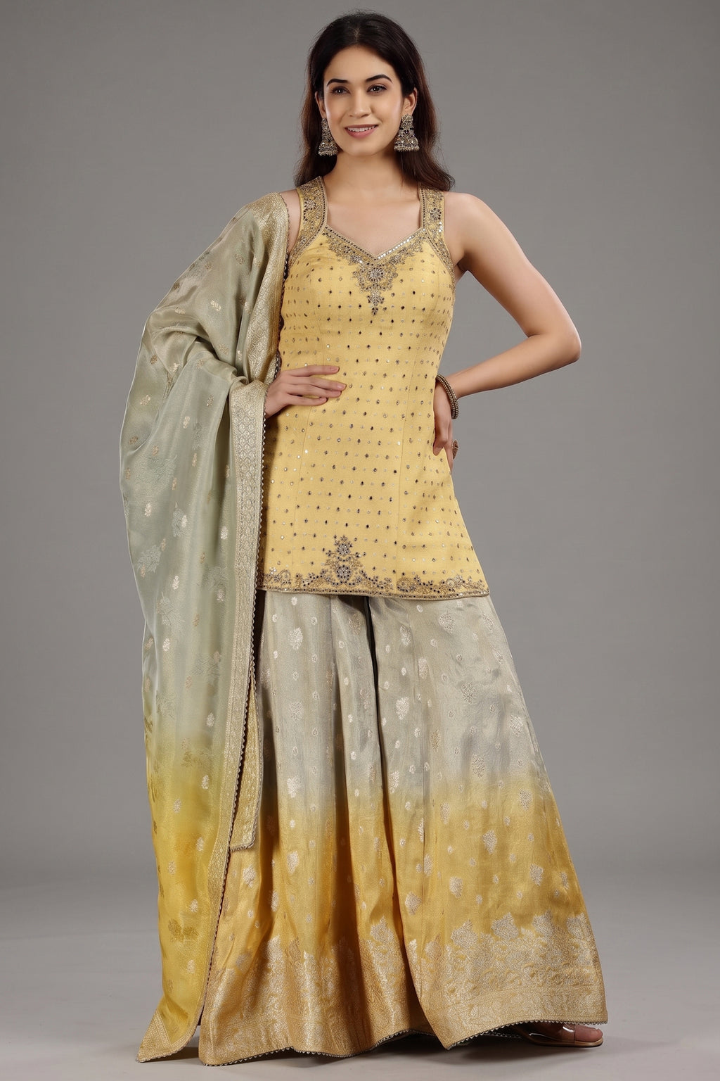 Yellow Jacquard Silk Palazzo Set with Beads and Mirror Work