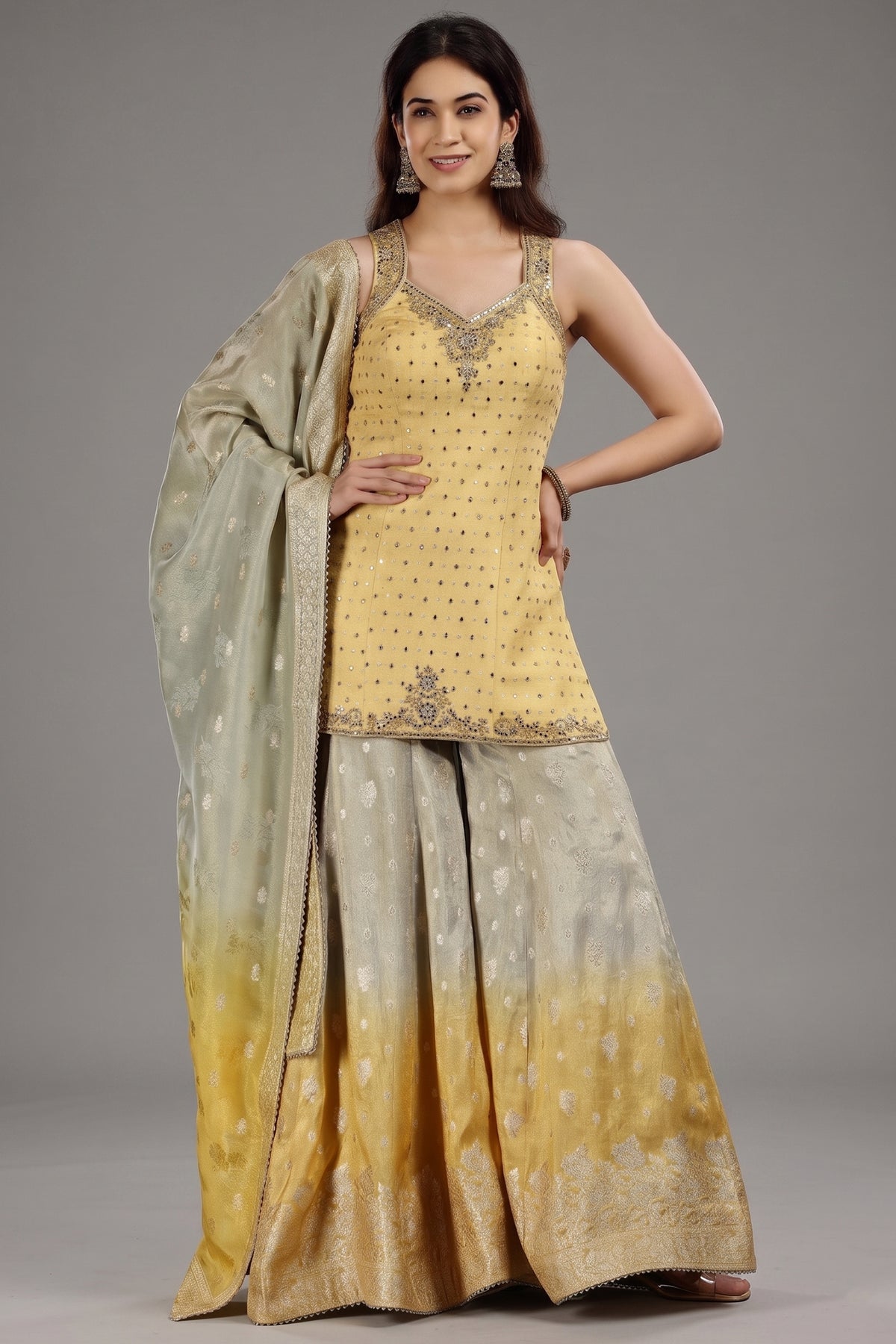 Yellow Jacquard Silk Palazzo Set with Beads and Mirror Work