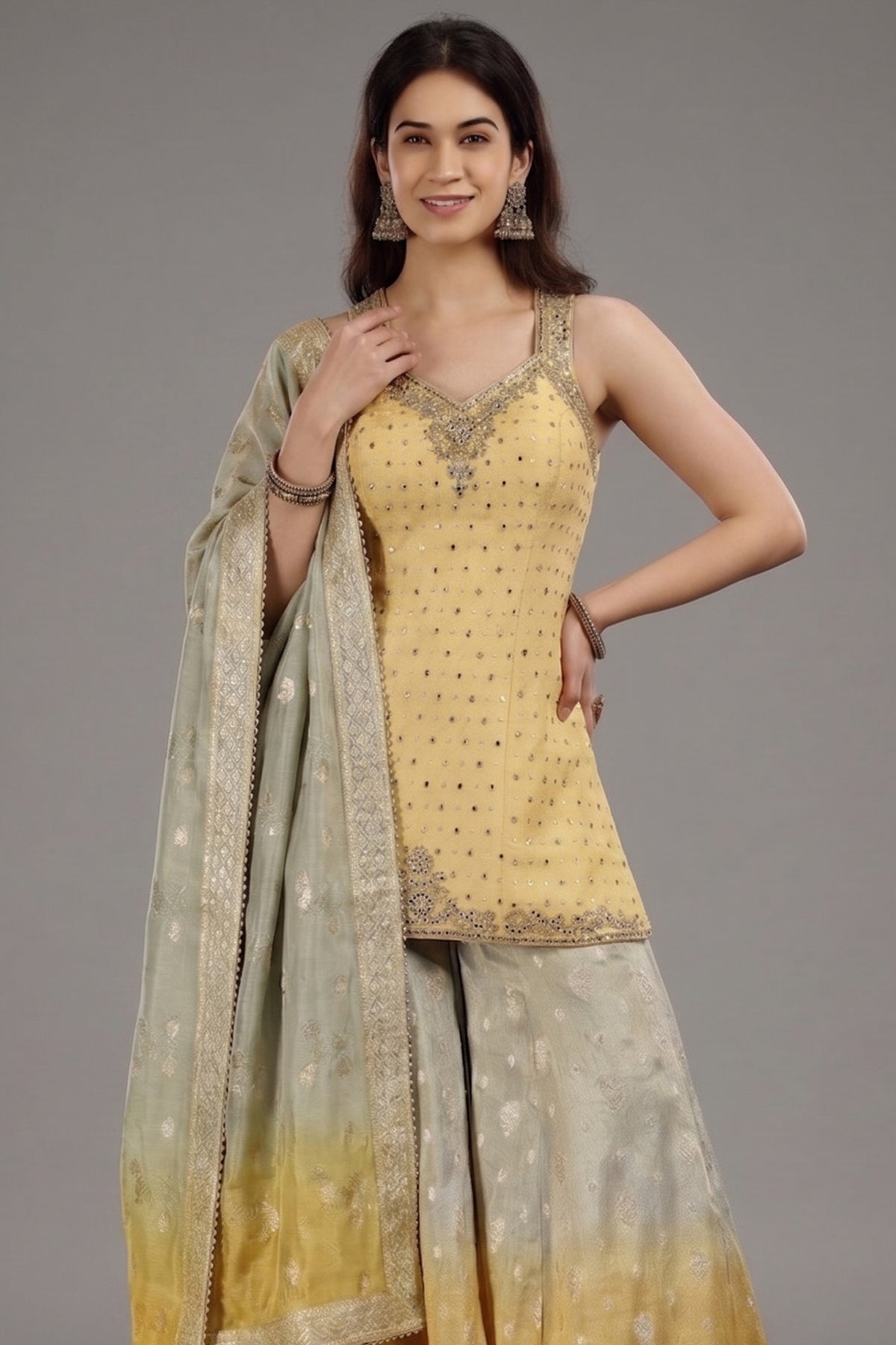 Yellow Jacquard Silk Palazzo Set with Beads and Mirror Work