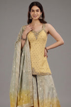 Yellow Jacquard Silk Palazzo Set with Beads and Mirror Work