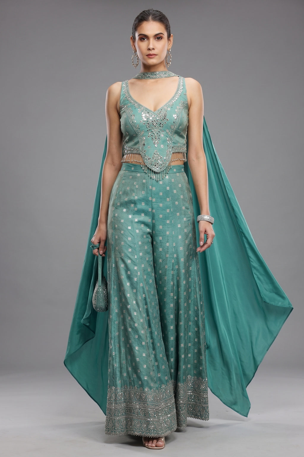 Sea Green Silk Embellished Crop Top Palazzo Set