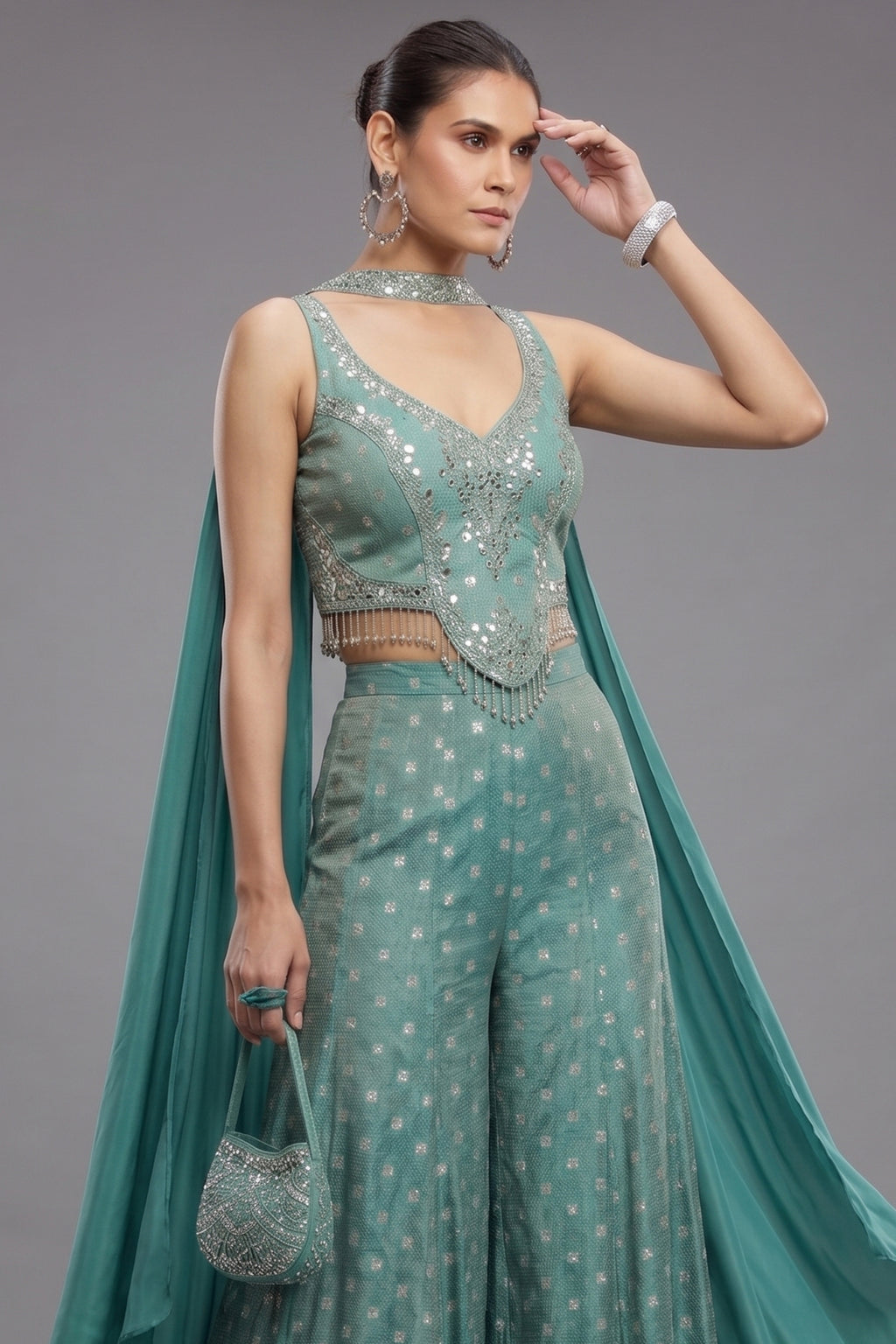 Sea Green Silk Embellished Crop Top Palazzo Set