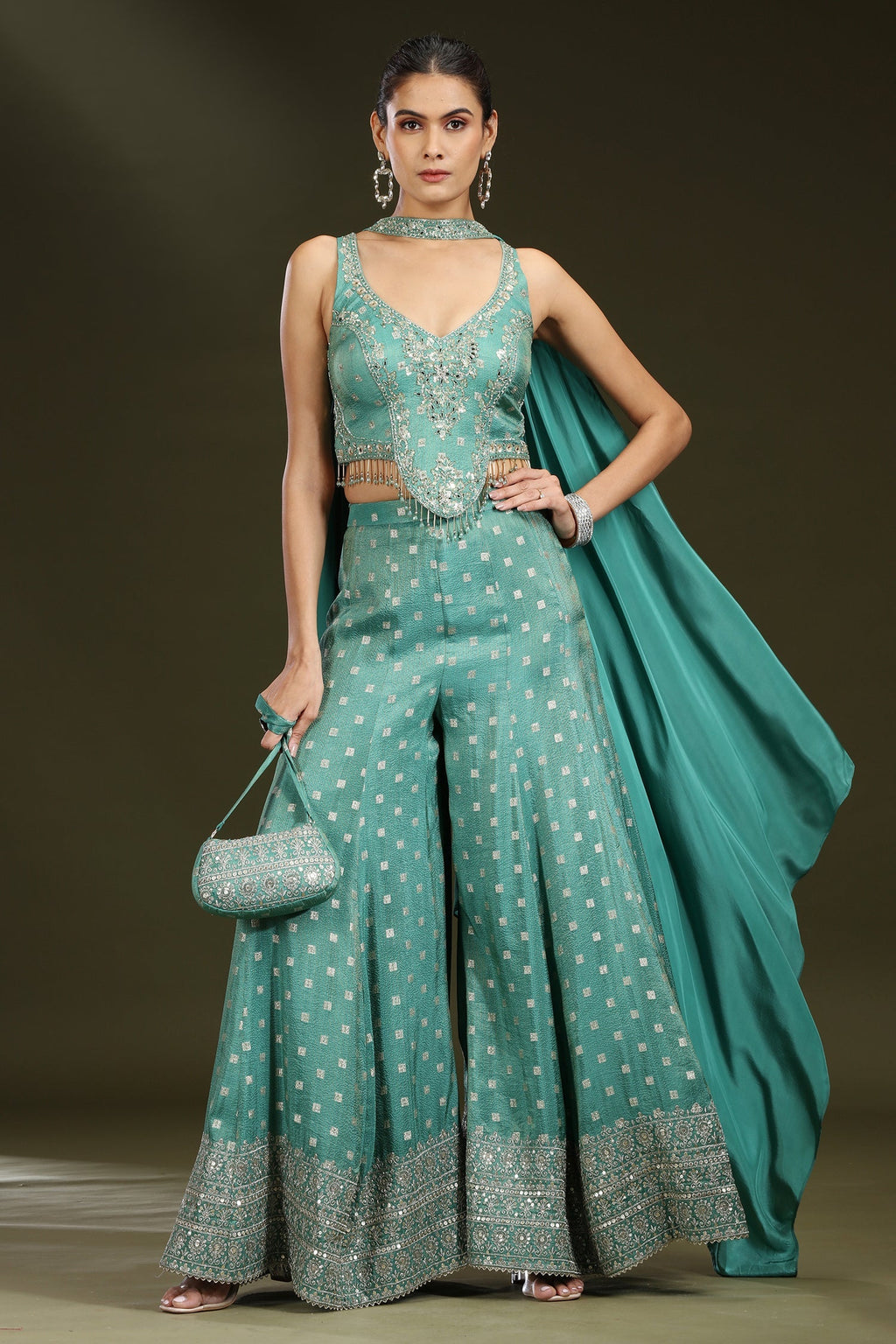 Sea Green Silk Embellished Crop Top Palazzo Set