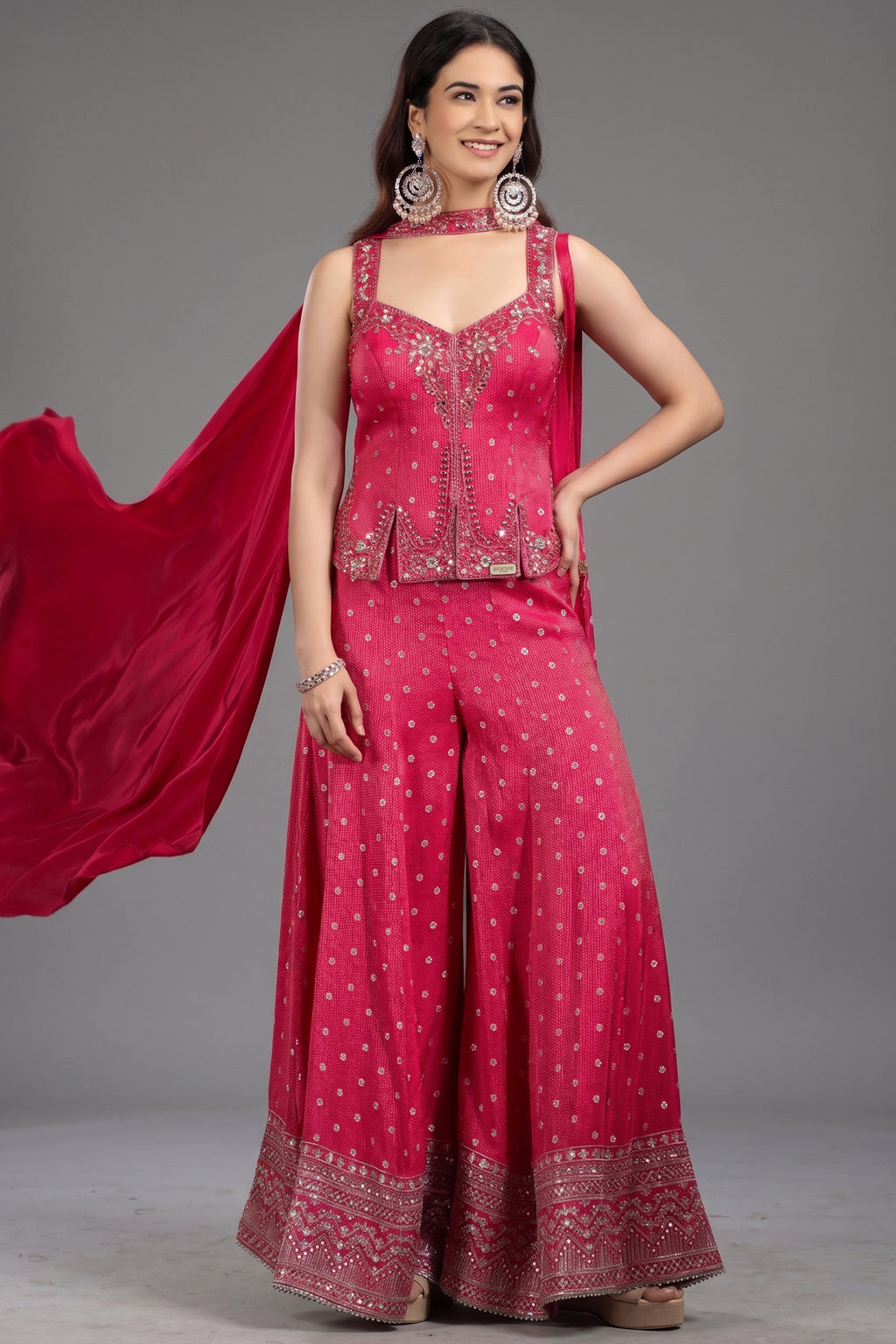 Pink Silk Sequin Mirror Worked Palazzo Set